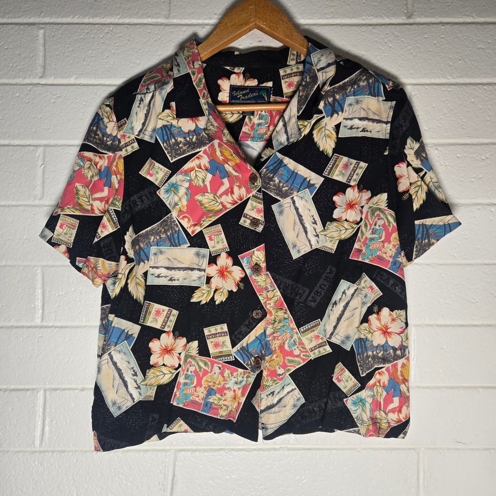 Vtg Island Traders Hawaiian Shirt XXL Black Postcard Tropical Rayon Aloha Resort